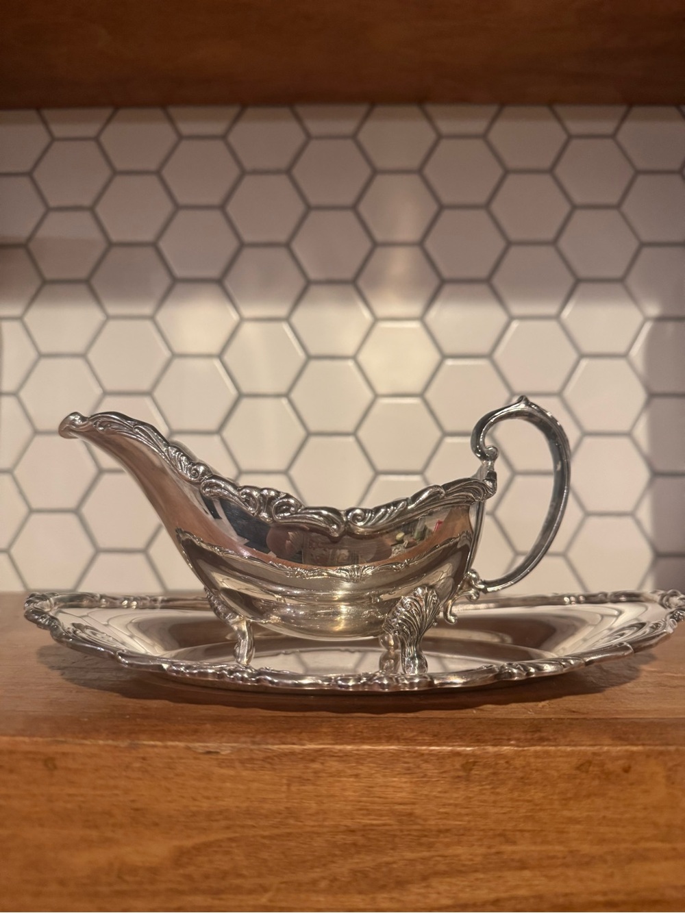 Towle Silver-Tone Ornate Gravy Boat with Tray